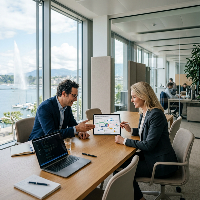 Collaboration étroite entre consultant xPirience et client sur l'analyse de flux SI à Genève