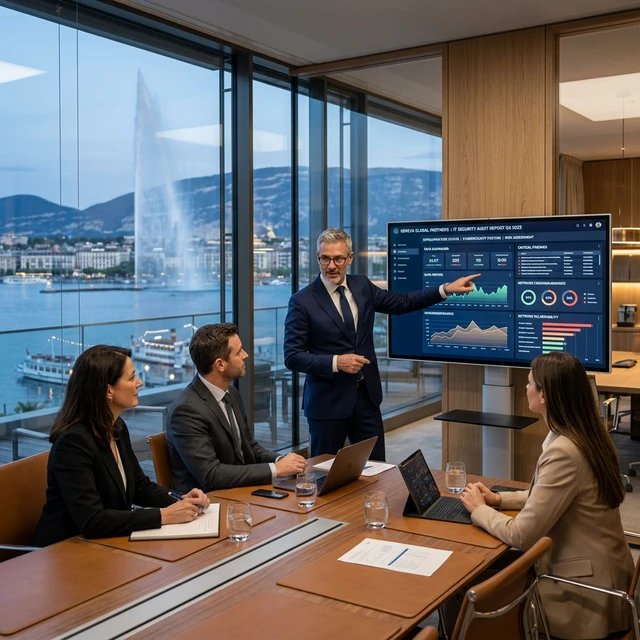 Consultant xPirience présentant un rapport d'audit sur écran géant à Genève